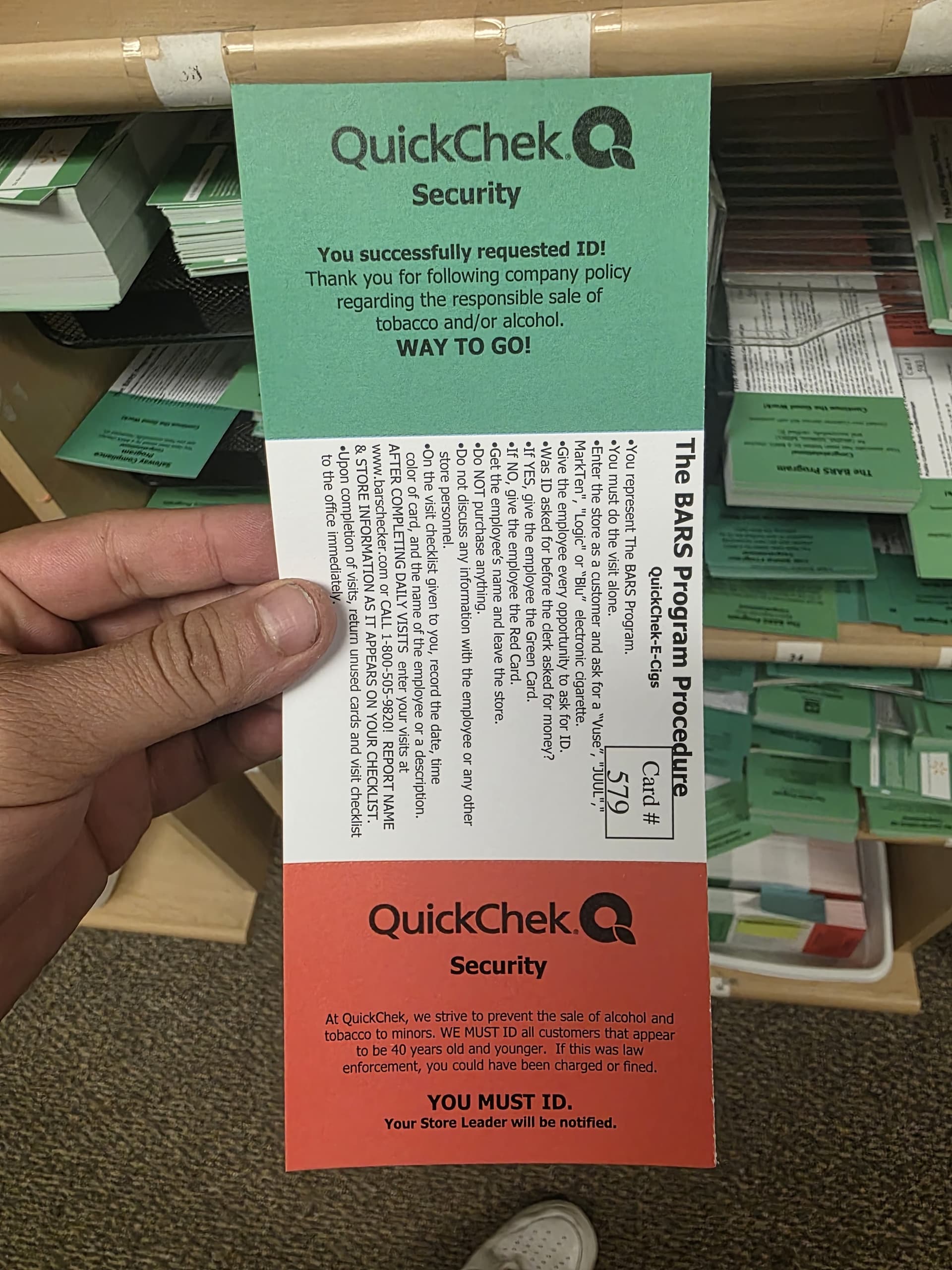 A BARS card at a retail counter